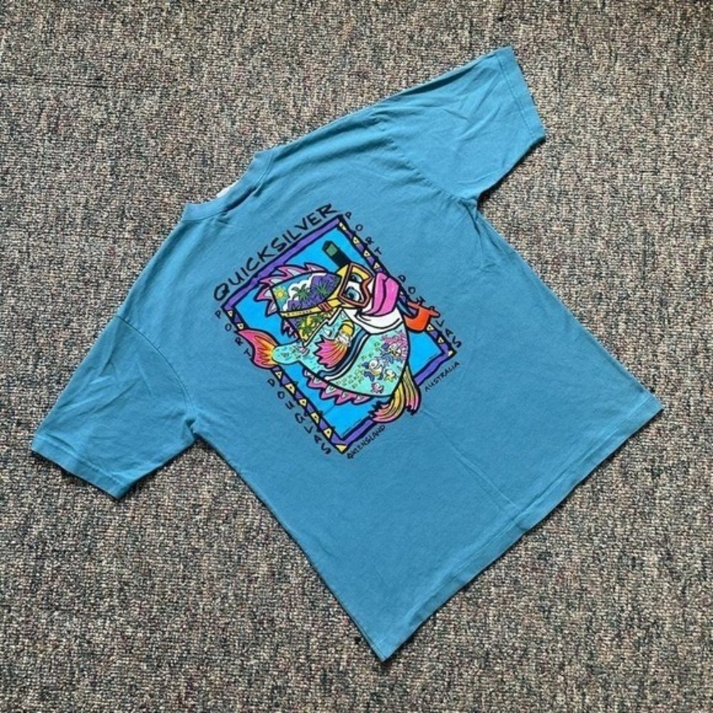 Vintage Quiksilver Port Douglas Australia Fish T-Shirt Teal Mens Large Bonkers